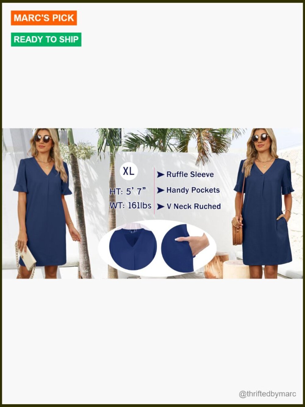Ruffle Short Sleeve V Neck Shift Dress with Pockets - Picture 6 of 7
